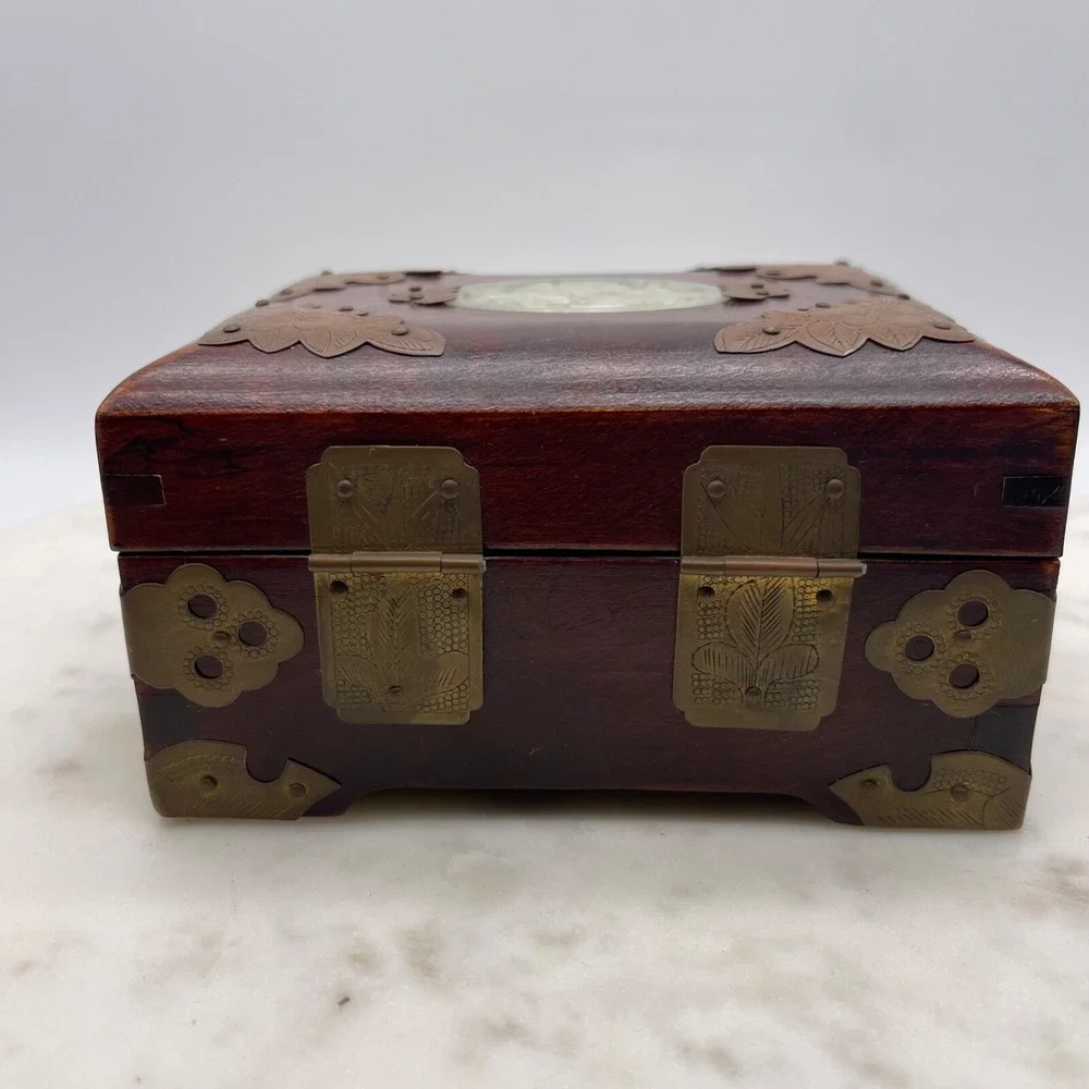 Vintage Chinese Carved Inlay Jewelry Box Shanghai Blue Silk Wooden‎